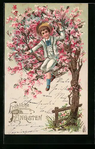 AK Junge auf dem Kirschblütenbaum zu Pfingsten