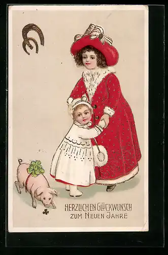 AK Mädchen mit Hufeisen und Glücksschweinen