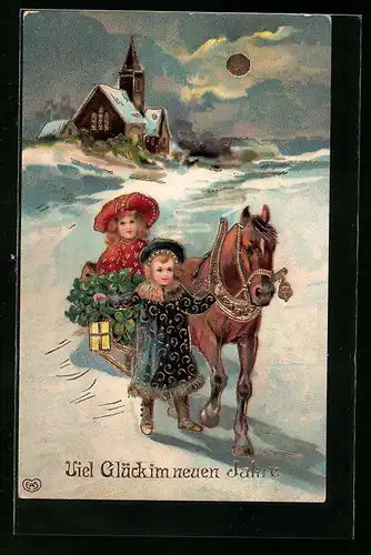 AK Zwei Mädchen mit Pferdeschlitten und Kleeblättern