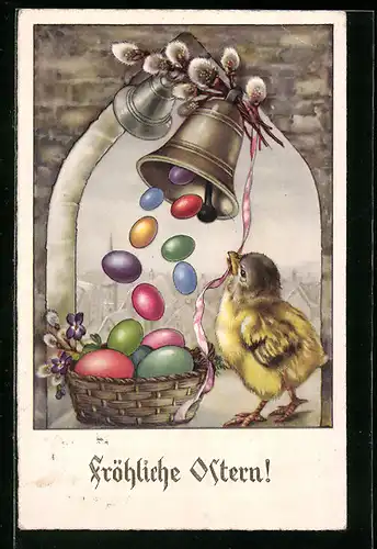AK Osterküken zieht an einer Glocke, die Ostereier regnen lässt