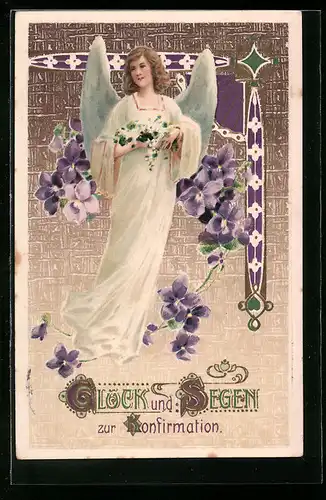 Präge-AK Fliegender Engel mit Blumen zur Konfirmation