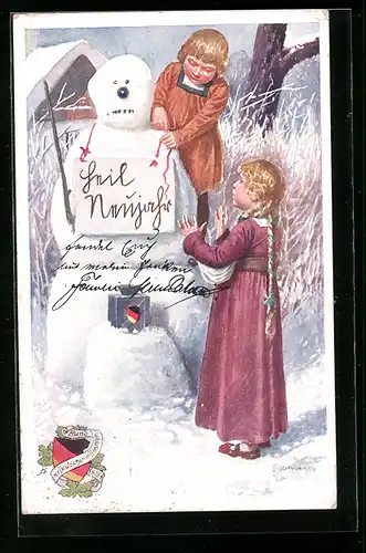 Künstler-AK Blonde Kinder bauen einen Schneemann