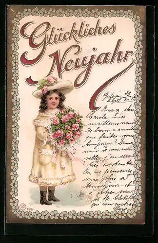 AK Mädchen mit Rosenstrauss zu Neujahr