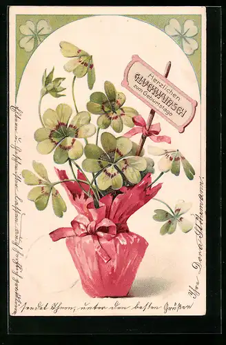 Lithographie Glückwunsch zum Geburtstage, Kleeblatt in Vase