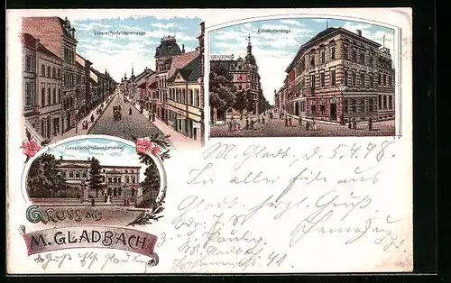 Lithographie M.-Gladbach, Gesellschaftshaus Erholung, Untere Crefelderstrasse, Bahnhofstrasse