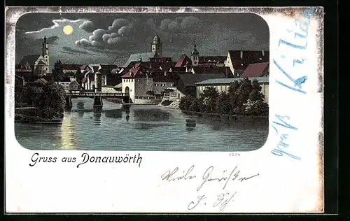 Lithographie Donauwörth, Ortsansicht mit Flusspartie