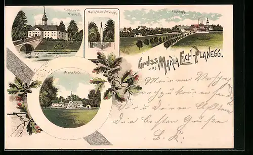Lithographie Planegg, Schloss, Maria Säule, Maria Eich