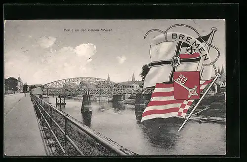 AK Bremen, Kleine Weser mit Brücke, Rettungsring mit Flaggen