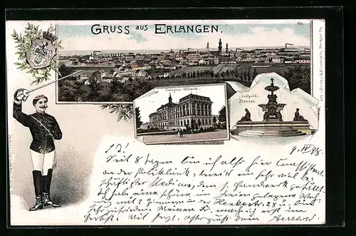Lithographie Erlangen, Collegien-Gebäude, Luitpold-Brunnen, Student im vollem Wichs
