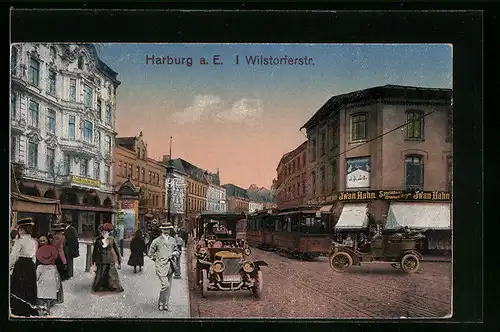 AK Harburg a. E., Wilstorferstrasse mit Restaurant Iwan Hahn, Geschäften und Strassenbahn