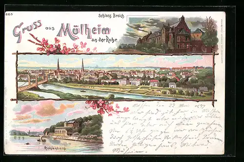 Lithographie Mülheim an der Ruhr, Teilansicht, Schloss Broich, Kahlenberg
