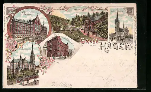 Lithographie Hagen, Gasthaus Waldlust, Kaiserliches Hauptpostamt, Gewerbeschule