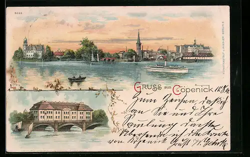 Lithographie Berlin-Cöpenick, Ortsansicht vom Wasser aus, Gebäude und Brücke