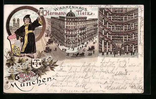 Lithographie München, Warenhaus Hermann Tietz, Innenansicht, Münchner Kindl
