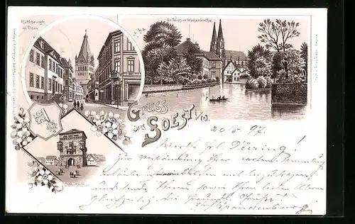 Lithographie Soest i. W., Gr. Teich mit Wiesenkirche, Rathhausstrasse mit Dom, Osthofenthor