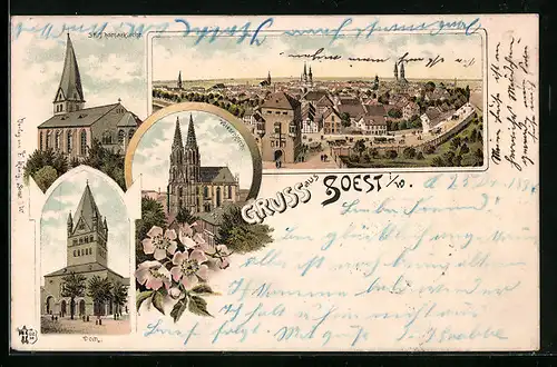 Vorläufer-Lithographie Soest, 1894, Wiesenkirche, Dom, St. Thomaskirche, Totalansicht