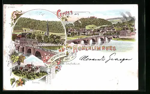 Lithographie Hohenlimburg, Teilansichten mit Brücke, Schloss