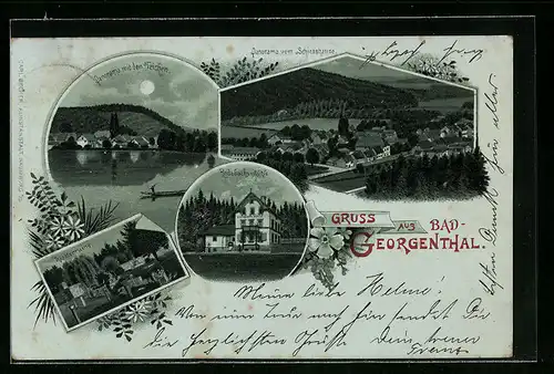 Mondschein-Lithographie Bad-Georgenthal, Klosterruine u. Rodebachs Mühle im Vollmondlicht