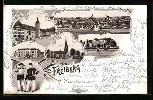 Lithographie Freiberg i. S., Justizgebäude, Neues Rathaus und Post