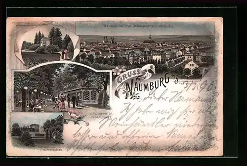 Lithographie Naumburg a/S., Totalansicht, Fontaine im Bürgergarten, Restaurant im Bürgergarten
