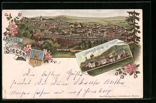 Lithographie Siegen, Ortsansicht m. unterem Schloss u. Wappen