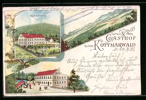 Lithographie Eibau, Gasthof zum Kottmarwald, Kottmarberg, Fernsicht vom Gasthof