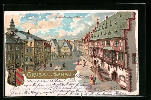 Lithographie Hanau, Altstädter Marktplatz mit Rathaus, Wappen