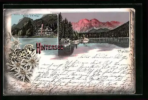 Lithographie Hintersee, Gasthof zur Post & Pension Wartstein, Uferpartie