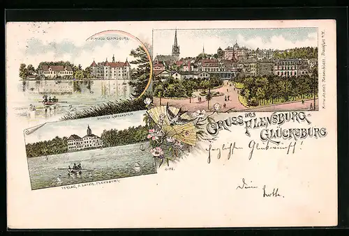 Lithographie Flensburg-Glücksburg, Schloss Glücksburg, Schloss Gravenstein, Ortspartie