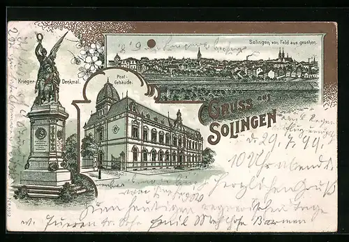 Lithographie Solingen, Kriegerdenkmal, Postgebäude und Gesamtansicht