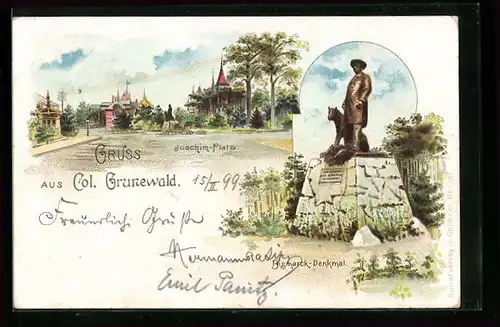 Lithographie Berlin-Grunewald, Joachim-Platz, Bismarck-Denkmal