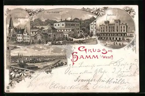 Lithographie Hamm i. Westf., Ständehaus, Kurhaus u. Bahnhof