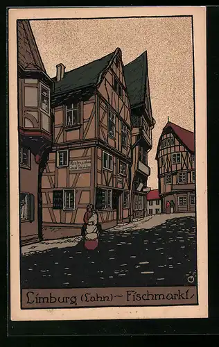 Steindruck-AK Limburg /Lahn, Fischmarkt mit Restaurant von Josef G.
