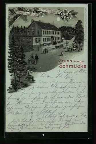 Mondschein-Lithographie Schmücke, Hotel Schmücke im Vollmondlicht, A. Rechenbach