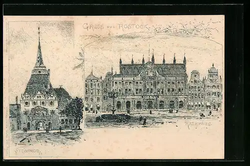 Lithographie Rostock, Rathaus, Steintor