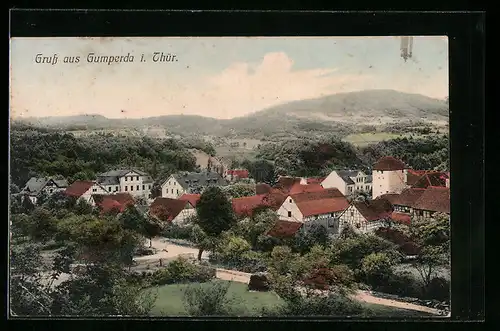 AK Gumperda i. Thür., Ortsansicht mit Landschaft