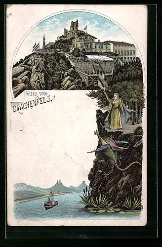 Lithographie Königswinter, Blick zum Gasthaus Drachenfels
