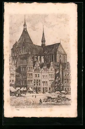 Künstler-AK Rostock, Marienkirche mit Markt