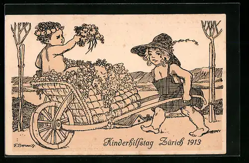 Künstler-AK Zürich, Kinderhilfstag 1913, Mädchen mit Jungen im Schubkarren