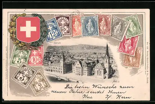 Präge-AK Zürich, Ortsansicht, Briefmarken der Schweiz, Wappen