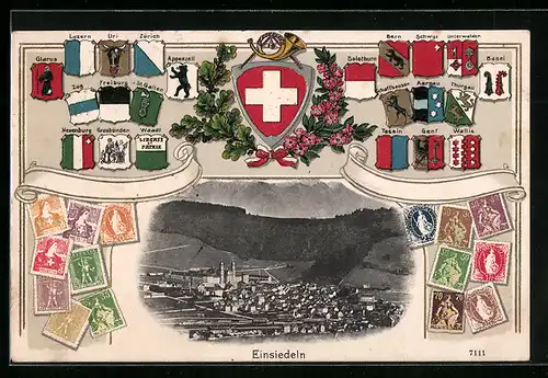 AK Einsiedeln, Totalansicht, Wappen der schweizer Kantone