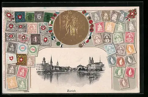 Passepartout-Lithographie Zürich, Ortsansicht, versch. Briefmarken mit Wappen, Medaille