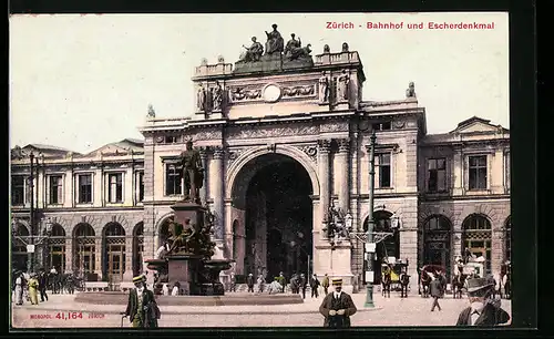 AK Zürich, Bahnhof und Escherdenkmal
