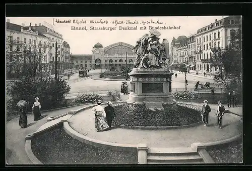 AK Basel, Strassburger-Denkmal mit Bundesbahnhof