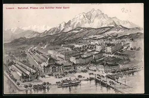 AK Luzern, Bahnhof, Pilatus und Schiller Hotel Garni aus der Vogelschau