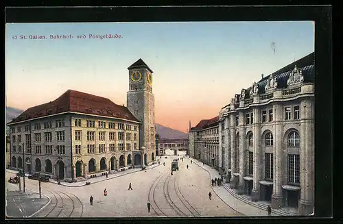 AK St. Gallen, Strassenpartie mit Bahnhof und Postgebäude aus der Vogelschau