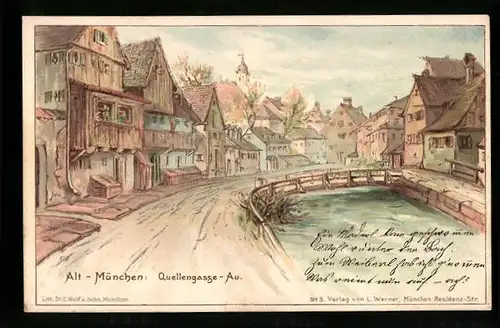 Künstler-AK München-Au, Blick in die Quellengasse-Au