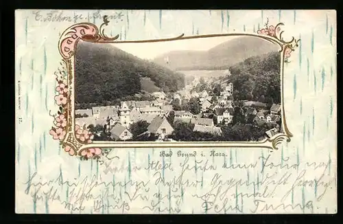 AK Bad Grund i. Harz, Ortsansicht mit Blumen-Rahmen
