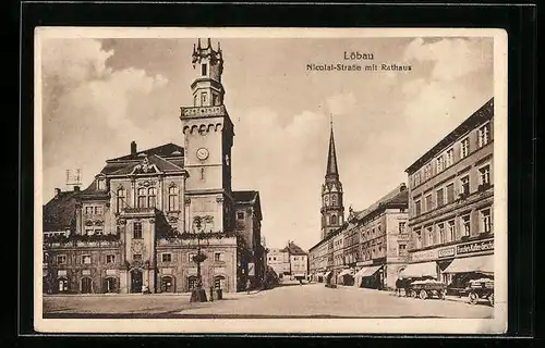 AK Löbau, Nicolai-Strasse mit Rathaus