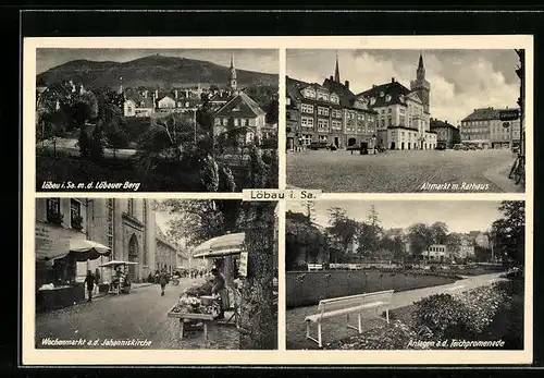 AK Löbau i. Sa., Löbauer Berg, Altmarkt mit Rathaus, Wochenmarkt mit Johanniskirche, Teichpromenade